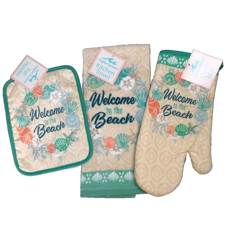 Shell Wreath Welcome Beach Dish Towel Oven Mitt Potholder Tropical Set of 3